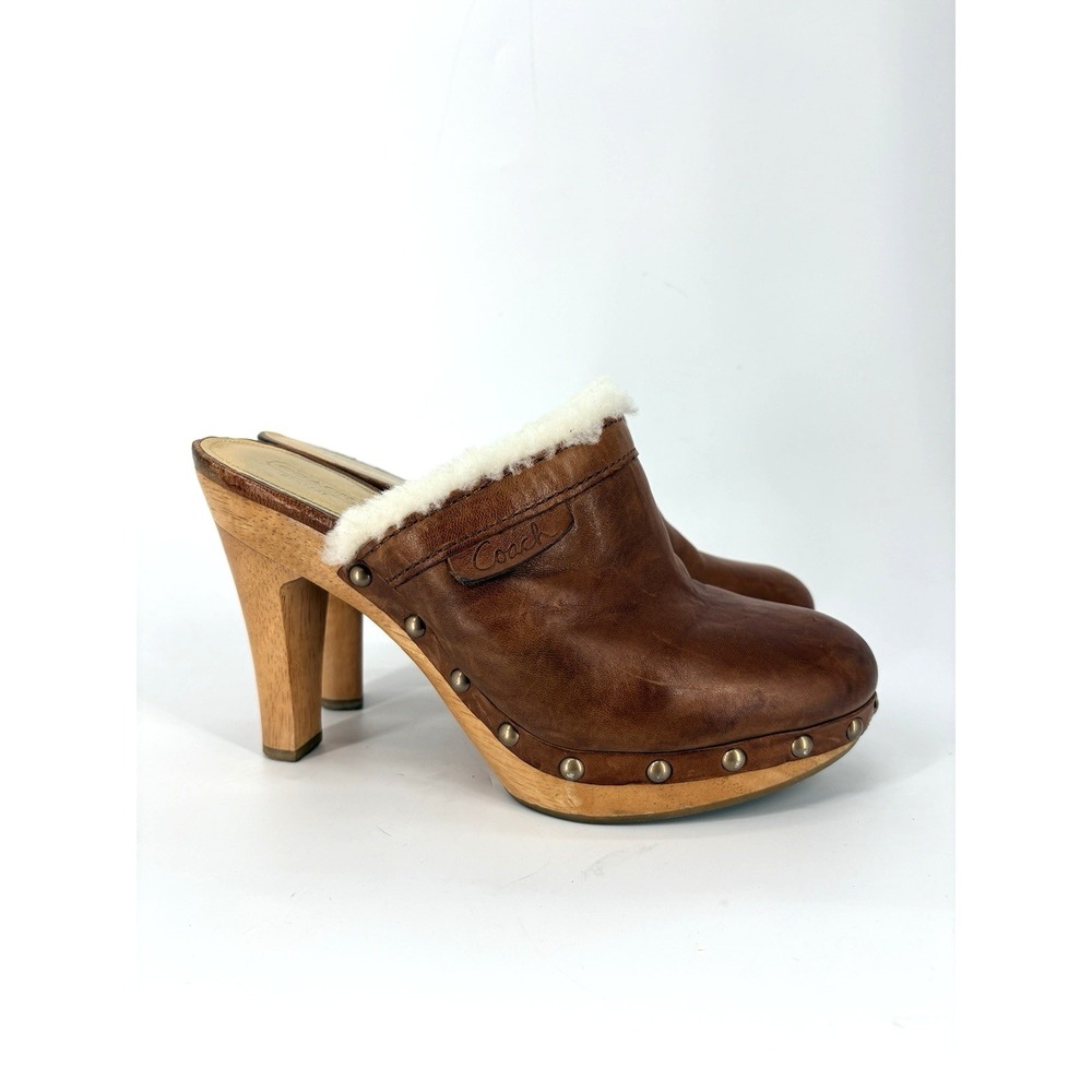 Coach Brown Leather Shearling-Trim Clog Mules